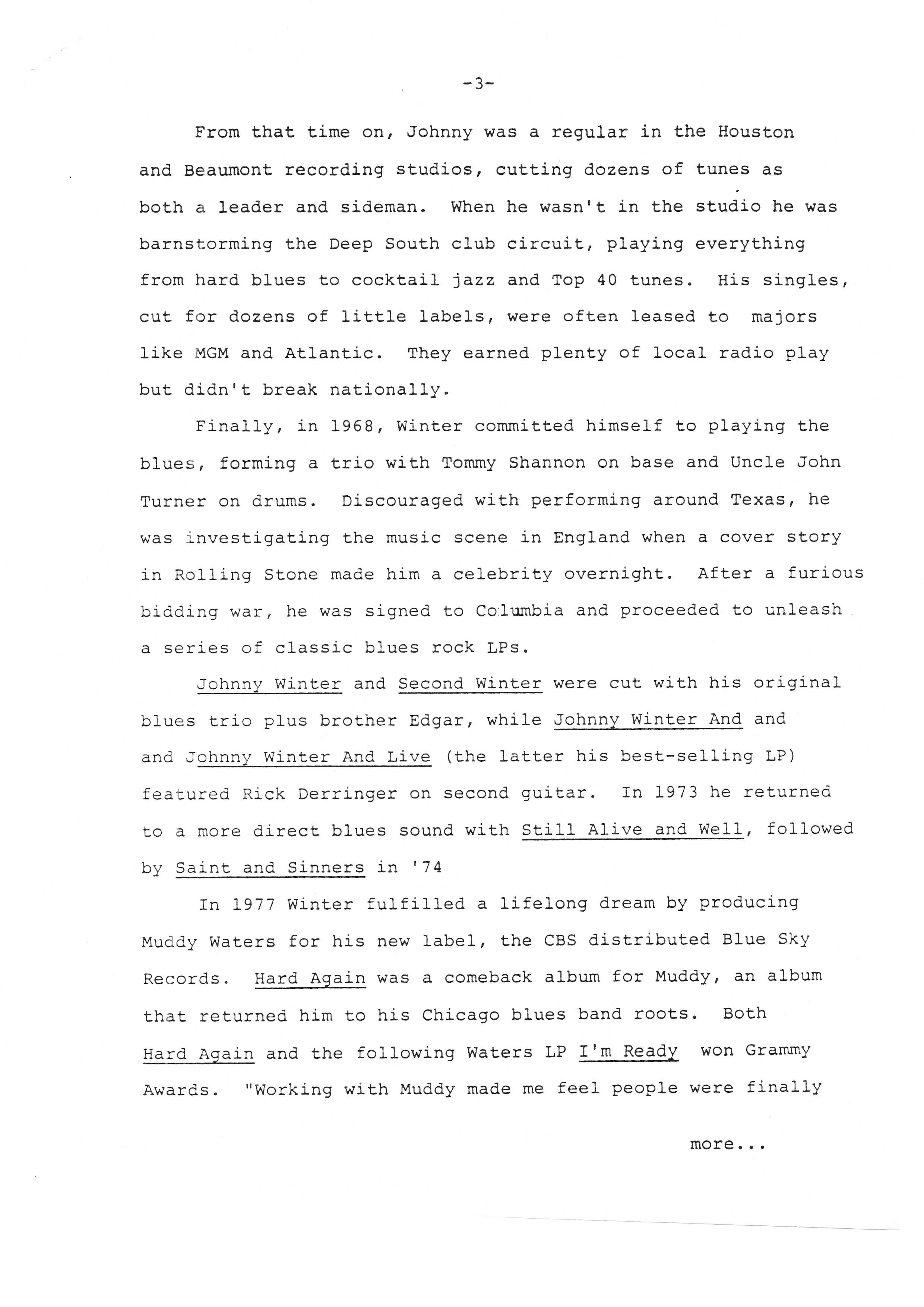 Press release of "Winter of '88" incl Johnny Winter career description, by Slatus Management Part III/V